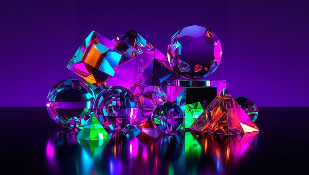 Vibrant collection of faceted gems and geometric shapes in dazzling neon light, reflecting luxury and modern design for sophisticated projects