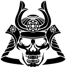 Black illustration of a skull wearing a stylized samurai helmet. Strong graphic artwork suitable for tattoo art, dark fantasy, Japanese warrior themes, or detailed monochrome illustration projects.