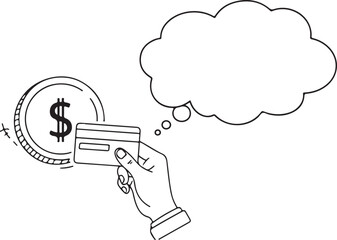 vector line art hand holding credit card with onetime payment thought bubble and coin