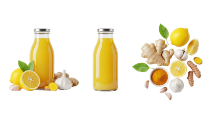 Two bottles of yellow liquid with lemons ginger garlic and turmeric on a black background studio shot