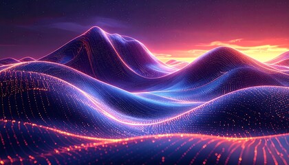 Digital rendering of undulating landscape under a vibrant sunset sky, with glowing particles forming the contours