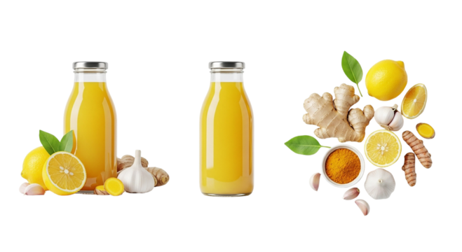 Two bottles of yellow liquid with lemons ginger garlic and turmeric on a black background studio shot