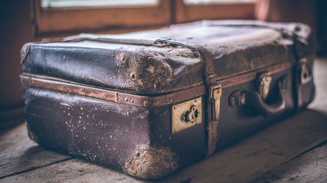 overstuffed. An overstuffed leather suitcase with straining clasps on a wooden floor. lifestyle magazines, social media lookbooks, designed for lifestyle magazines and social media content.
