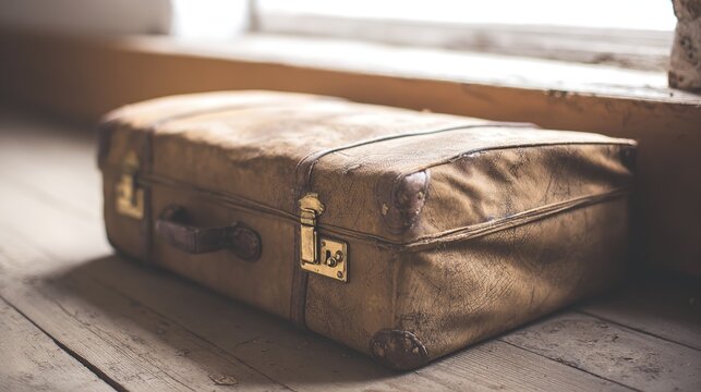 overstuffed. An overstuffed leather suitcase with straining clasps on a wooden floor. lifestyle magazines, social media lookbooks, designed for lifestyle magazines and social media content.