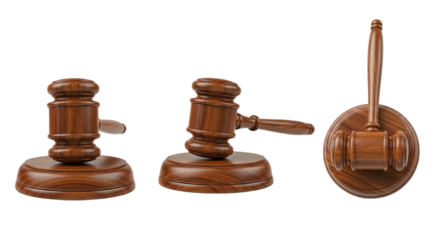 Three wooden gavels in different positions on a black background representing law and justice tools