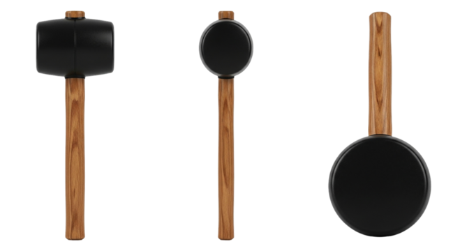 Three mallets with black heads and wooden handles displayed on a black background in a row format