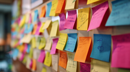 Sticky Note Post It Board Office. Business people meeting at office and use post it notes to share idea. Brainstorming concept. Sticky note on glass wall or blackboard. Set of colorful blank notes.