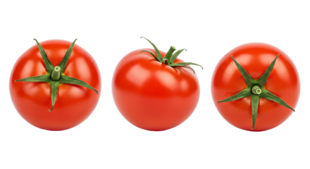 Three ripe tomatoes displayed in a row against a plain black background in a studio setting view