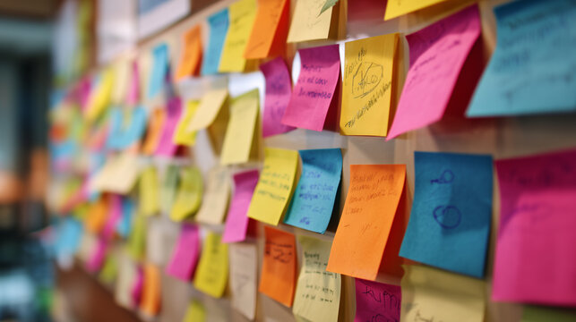 Sticky Note Post It Board Office. Business people meeting at office and use post it notes to share idea. Brainstorming concept. Sticky note on glass wall or blackboard. Set of colorful blank notes.