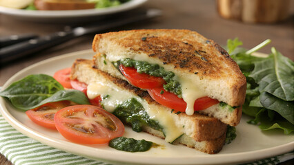Cheese, tomato and spinach toasted sandwich with pesto

