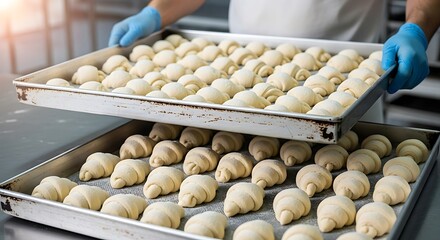 Freshly prepared croissants ready for baking in a professional bakery kitchen offering delicious treats and tempting breakfast options for food lovers