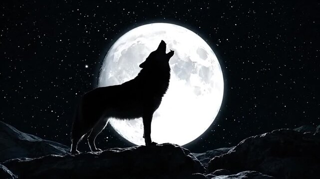 wolf howling under bright full moon night sky