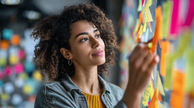 Sticky Note Post It Board Office. Business people meeting at office and use post it notes to share idea. Brainstorming concept. Sticky note on glass wall or blackboard. Set of colorful blank notes.