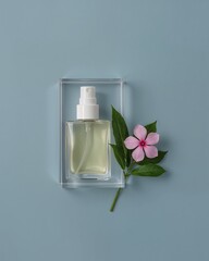 Elegant glass perfume bottle with delicate pink flower and green leaves on serene blue background, evoking natural freshness and luxury beauty.