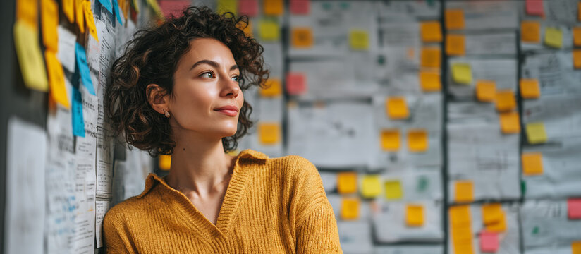 Sticky Note Post It Board Office. Business people meeting at office and use post it notes to share idea. Brainstorming concept. Sticky note on glass wall or blackboard. Set of colorful blank notes.