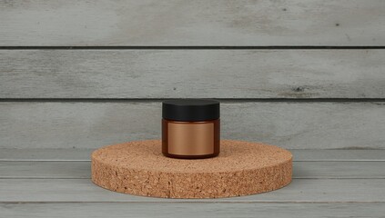 Minimalist amber glass jar with blank copper label and black lid rests on natural cork display stand against rustic wood backdrop