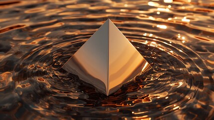 Stunning golden pyramid emerges from rippling metallic liquid surface, symbolizing achievement, innovation, and discovery with dramatic light.
