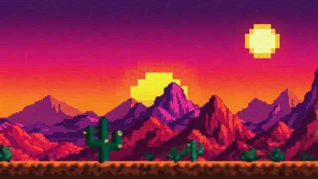 Vibrant pixel art desert landscape at sunset with majestic mountains, cactuses, and a retro aesthetic, ideal for video game backgrounds and retro themes.