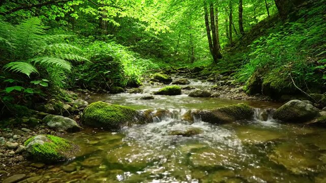 Dynamic Water Movement Pristine Forest Stream Flow Close up, focus on the intricate patterns and textures of the flowing water, small rapids over smooth, wet rocks.