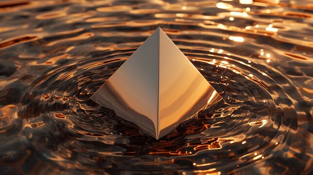 Stunning golden pyramid emerges from rippling metallic liquid surface, symbolizing achievement, innovation, and discovery with dramatic light.