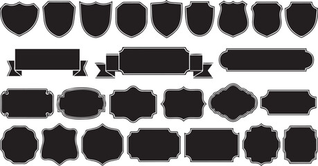 Blank black vintage shield badges, ribbons, and ornate frames vector set isolated on white.