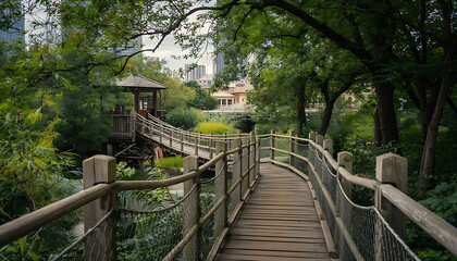 Fototapeta premium A bridge in the Japanese Garden in Chicago with the cityscape in the background