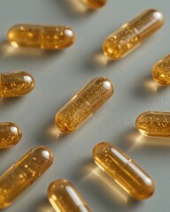 Golden nutrient capsules scattered on a clean grey surface, symbolizing health, wellness, and pharmaceutical innovation for a vibrant life.