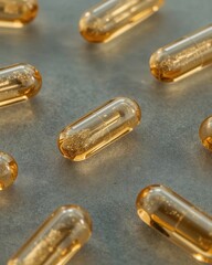 Discover vibrant health with transparent golden capsules filled with nutrient rich liquid, showcasing modern wellness and vitality for pharmaceutical marketing