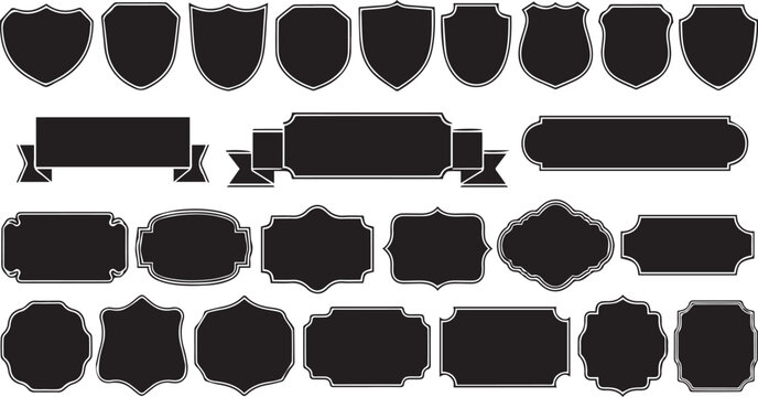 Blank black vintage shield badges, ribbons, and ornate frames vector set isolated on white.