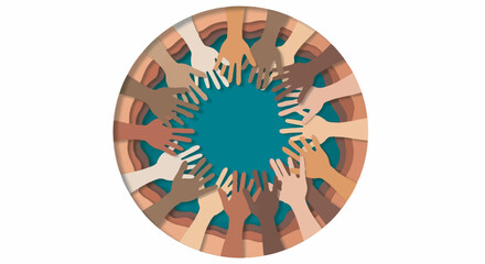 Group of diverse hands reaching inward, symbolizing global community and support on white background