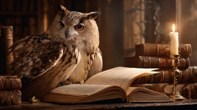 An owl perched beside an open, weathered book as candlelight warms antique shelves in evening glows