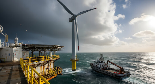 Offshore wind turbine installation vessel and tugboat in rough seas