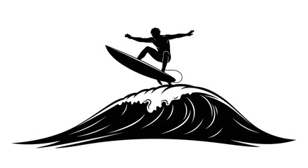 Dynamic surfer silhouette riding a powerful wave, perfect for sports branding or summer promotions, capturing the thrill of ocean adventures