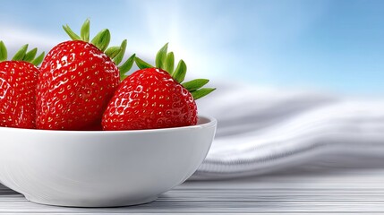 Close up of three vibrant red strawberries in a white ceramic bowl with green stems against a soft blue sky and white fabric background with bright sunlight