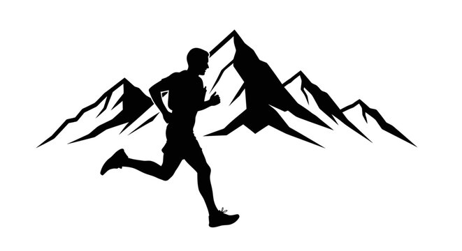 Trail runner silhouette conquering mountain peaks with determination and drive, perfect for fitness and adventure brands seeking powerful imagery
