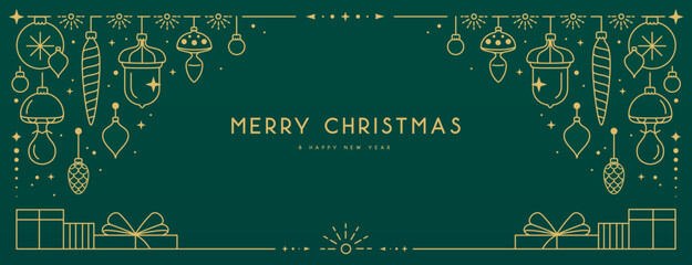 Modern Christmas frame or holiday greeting card on emerald green background. Line art vector illustration © annbozhko
