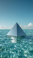 Surreal geometric pyramid floats serenely on crystal clear turquoise ocean waves under a vast, bright blue sky with scattered clouds, evoking tranquility and mystery.