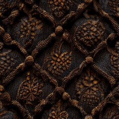 Seamless brown rope-lattice textile texture, tileable macram&eacute; net with leaf motifs