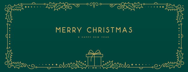 Modern Christmas frame or holiday greeting card on emerald green background. Line art vector illustration