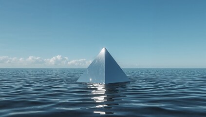 Surreal metallic pyramid emerges from calm ocean waters under a clear blue sky, reflecting sunlight and promising mystery and discovery.