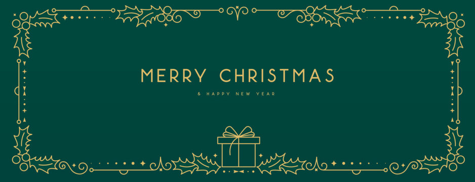 Modern Christmas frame or holiday greeting card on emerald green background. Line art vector illustration