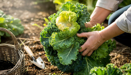 Harvesting a large, fresh head of leafy green kale in a garden with a shovel and basket