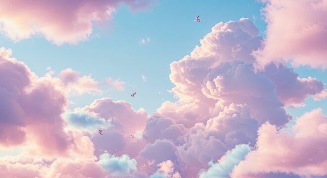 Majestic cumulus clouds display soft pink and blue tones across the open sky. - Powered by Adobe