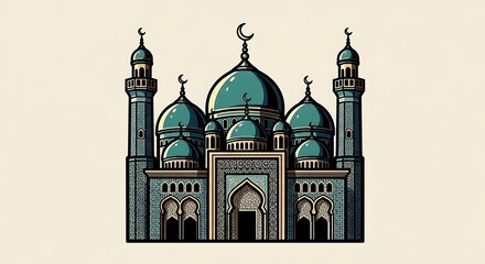 Illustration of islamic mosque with domes and minarets for ramadan and eid celebrations