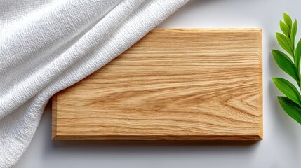 Top View Rectangular Wood Grain Placemat with White Sequined Fabric and Green Leafy Branch on White Background Natural Texture Light and Shadow Play