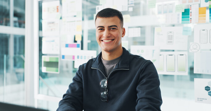 Happy man, portrait or web designer with brainstorming board for mobile app or software development. Male person, developer or smile with UI design for UX, layout or creative planning in office