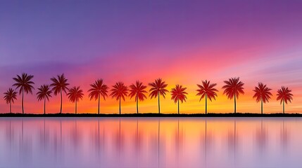 Vibrant Tropical Sunset Over Calm Water With Silhouetted Palm Trees Reflected Across The Horizon And Sky Painted In Orange Purple And Yellow Hues