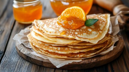 Thin pancakes with orange jam or marmalade on wooden background