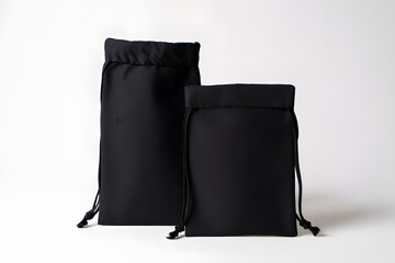 Naklejka premium Two black drawstring bags on a white backdrop in a studio setting with soft lighting
