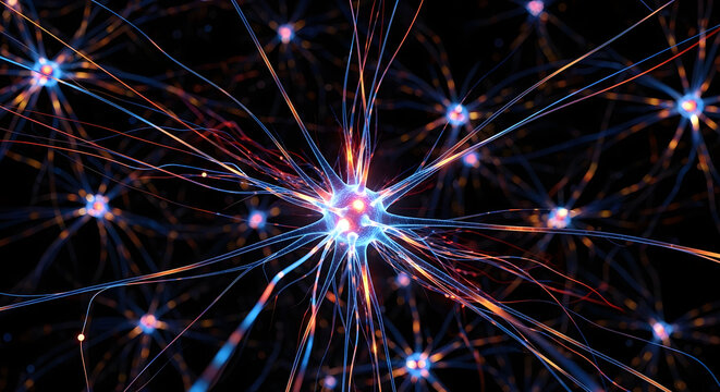 Abstract glowing neural network with interconnected nodes and vibrant light trails against a dark background